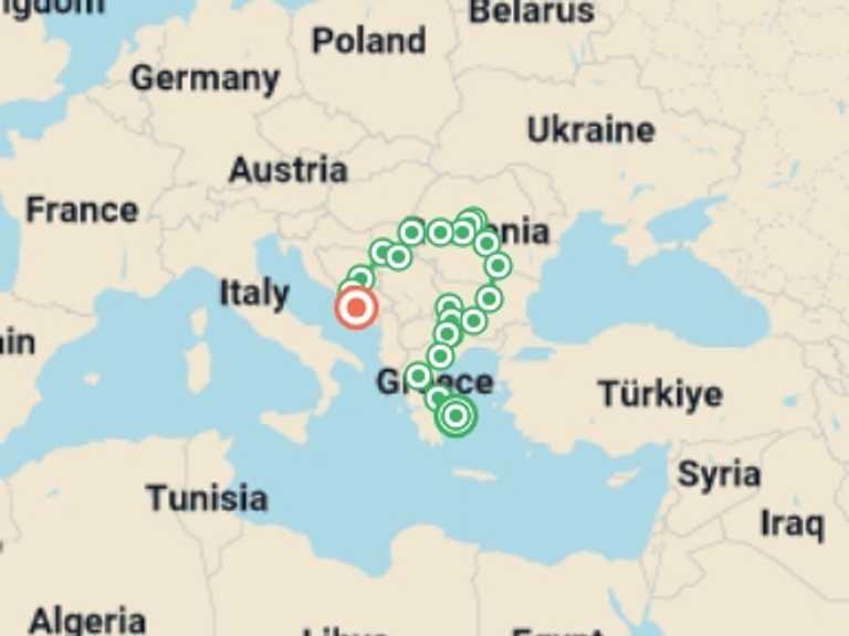 Map itinerary of Mediterranean Tour in October 2026 with 12 destination visits for the trip: From Athens to Dubrovnik