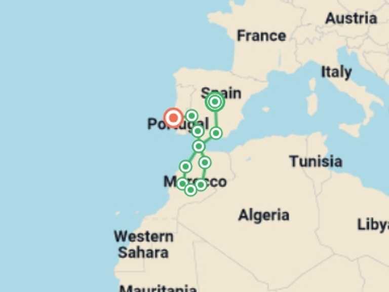 Map of 15-Day Marrakech Tour with 11 destination visits for the trip: Madrid, Andalusia, Morocco and Lisbon (without Alhambra)