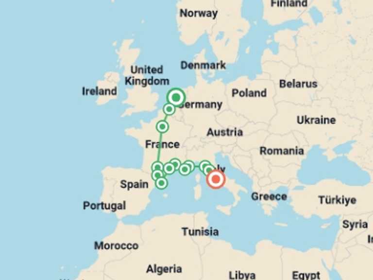 Map of France and Spain Tour with 8 destination visits for the trip: Amsterdam to Rome