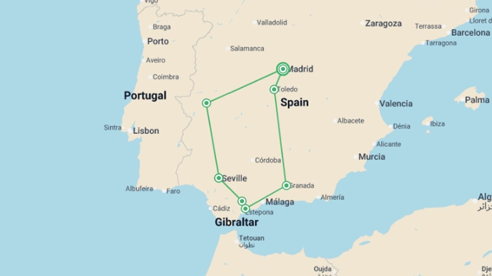 A map showing the tour itinerary for the trip: 5 Day Andalusia Tour With Toledo From Madrid (c450), starting in Madrid, Spain and ending in Madrid, Spain going through 3 other destinations.