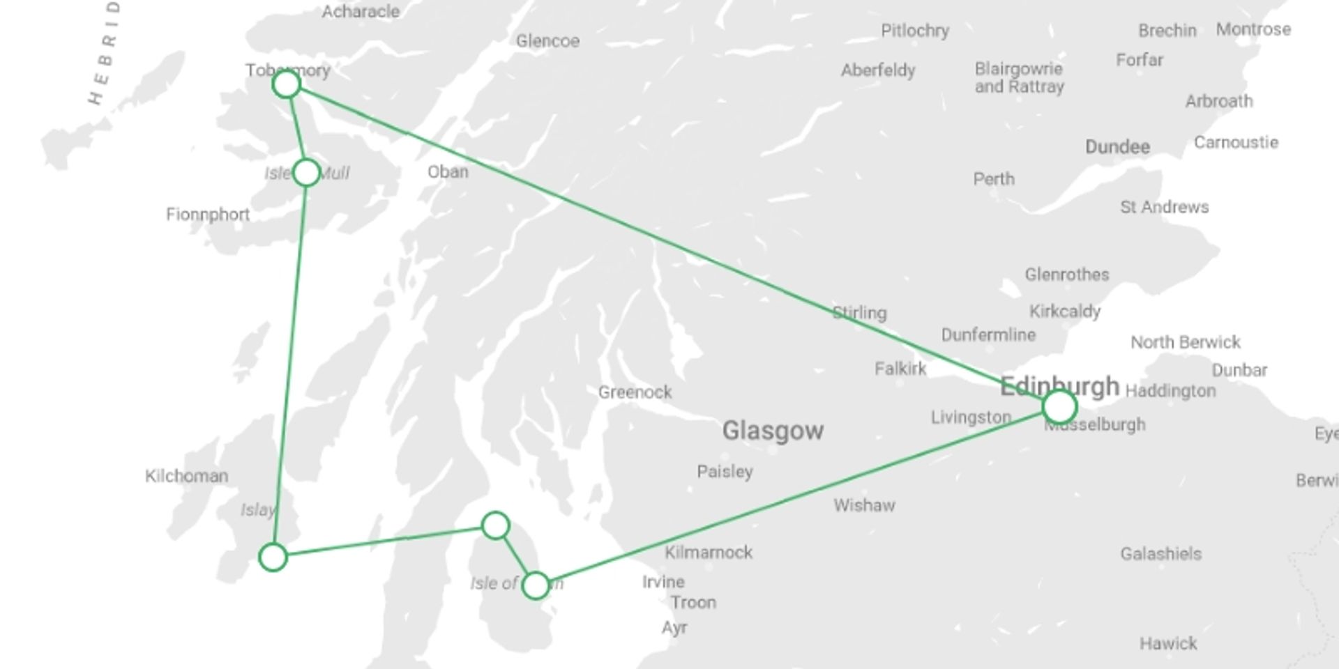 A map showing the tour itinerary for the trip: 10 Day / 9 Nights - Island Hopping Walking Tour, starting in Edinburgh, Scotland and ending in Edinburgh, Scotland going through 5 other destinations.
