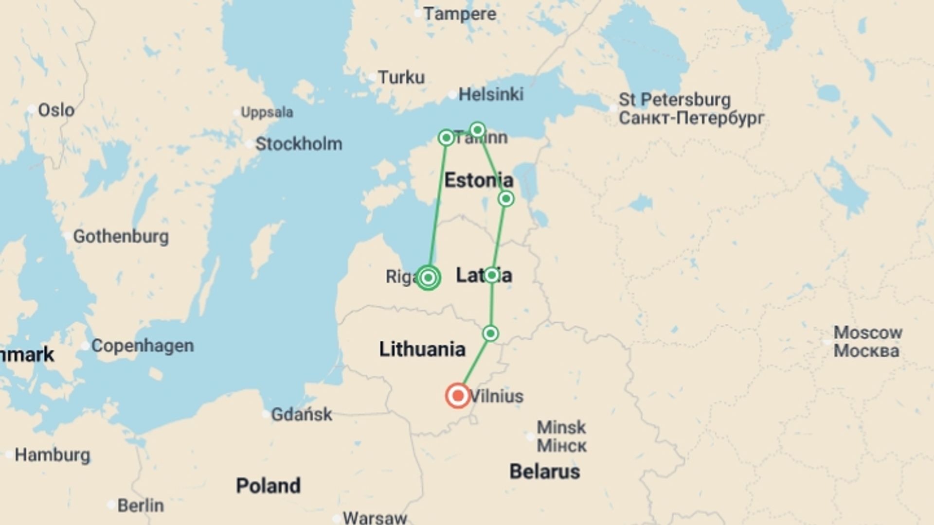 A map showing the tour itinerary for the trip: Best of the Baltics - 11 days, starting in Riga, Latvia and ending in Vilnius, Lithuania going through 5 other destinations.