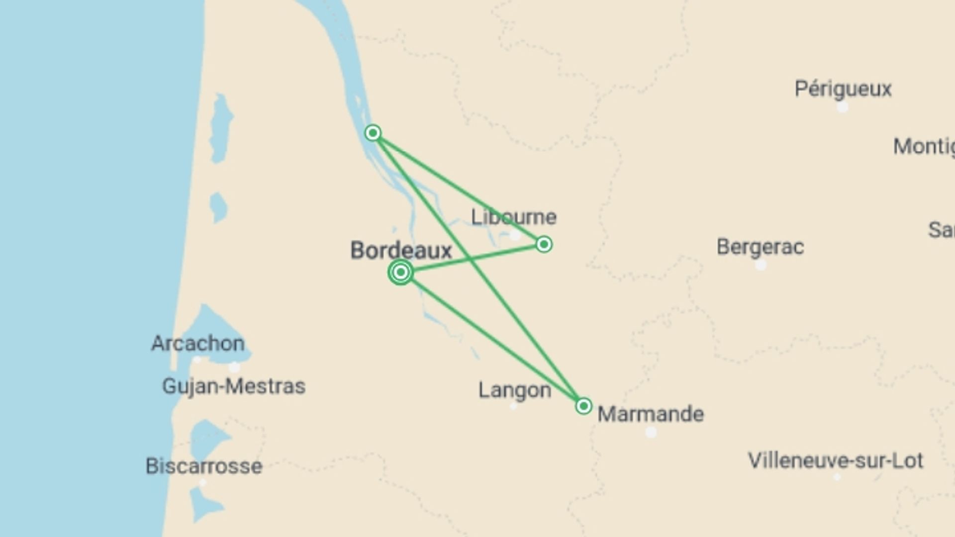 A map showing the tour itinerary for the trip: Nature, Harmony, and Hiking on a Cruise in the Garonne Region (port-to-port cruise), starting in Bordeaux, France and ending in Bordeaux, France going through 3 other destinations.