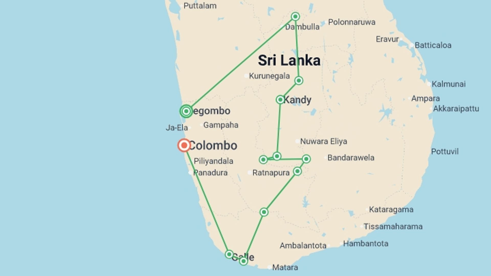 A map showing the tour itinerary for the trip: Walking in Sri Lanka, starting in Negombo, Sri Lanka and ending in Colombo, Sri Lanka going through 9 other destinations.