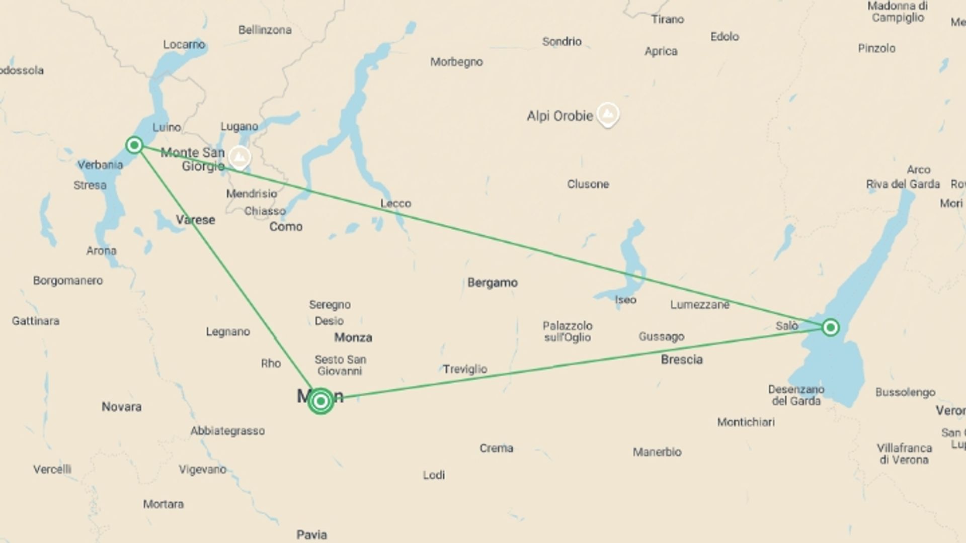 A map showing the tour itinerary for the trip: Enchanting Waters: Discovering The Lakes Of Italy, Self-drive, starting in Milan, Italy and ending in Milan, Italy going through 2 other destinations.