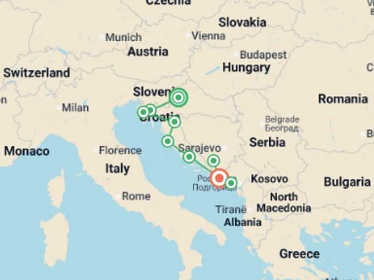 Map itinerary of Zagreb Tour in October 2026 with 6 destination visits for the trip: Croatia, Mostar & Montenegro - 11 days