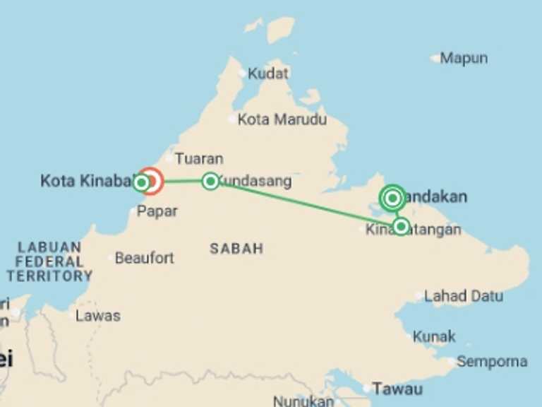 Map itinerary of Asia Tour in May 2026 with 5 destination visits for the trip: Classic Borneo