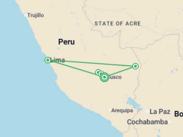 Map itinerary of South America Tour in November 2026 with 3 destination visits for the trip: Peruvian Dream