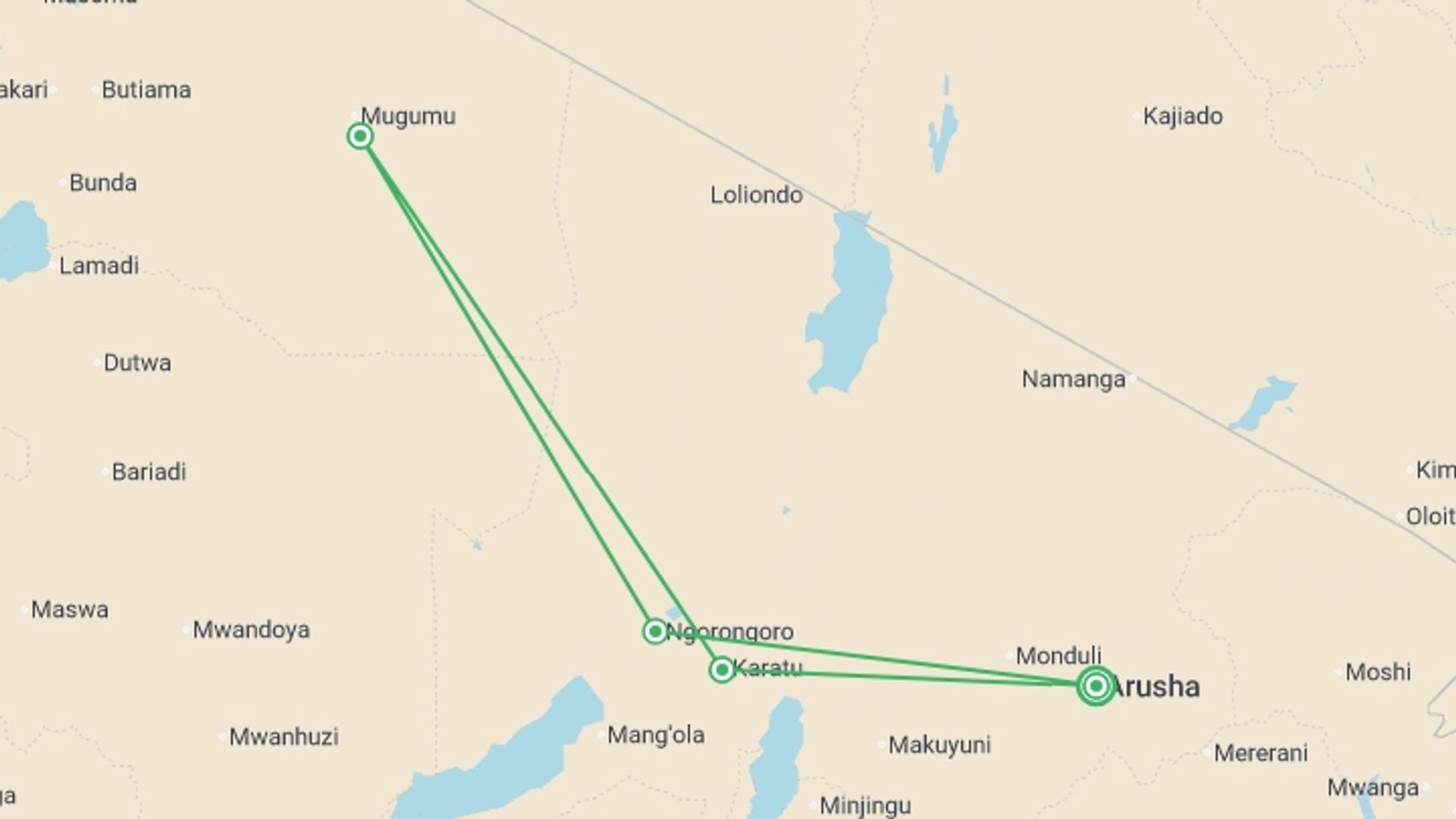 A map showing the tour itinerary for the trip: Tanzania: The Serengeti, Ngorongoro Crater & Local Flavours, starting in Arusha, Tanzania and ending in Arusha, Tanzania going through 3 other destinations.