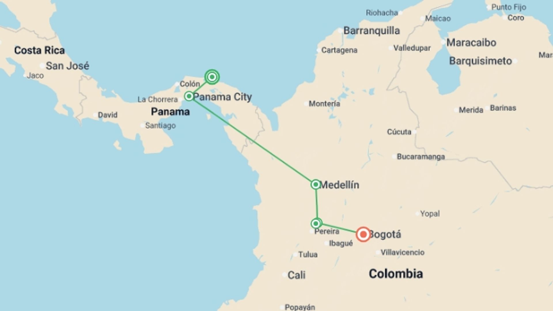 A map showing the tour itinerary for the trip: Panama City to Bogota Travel Pass, starting in San Blas Islands, Panama and ending in Bogota, Colombia going through 4 other destinations.
