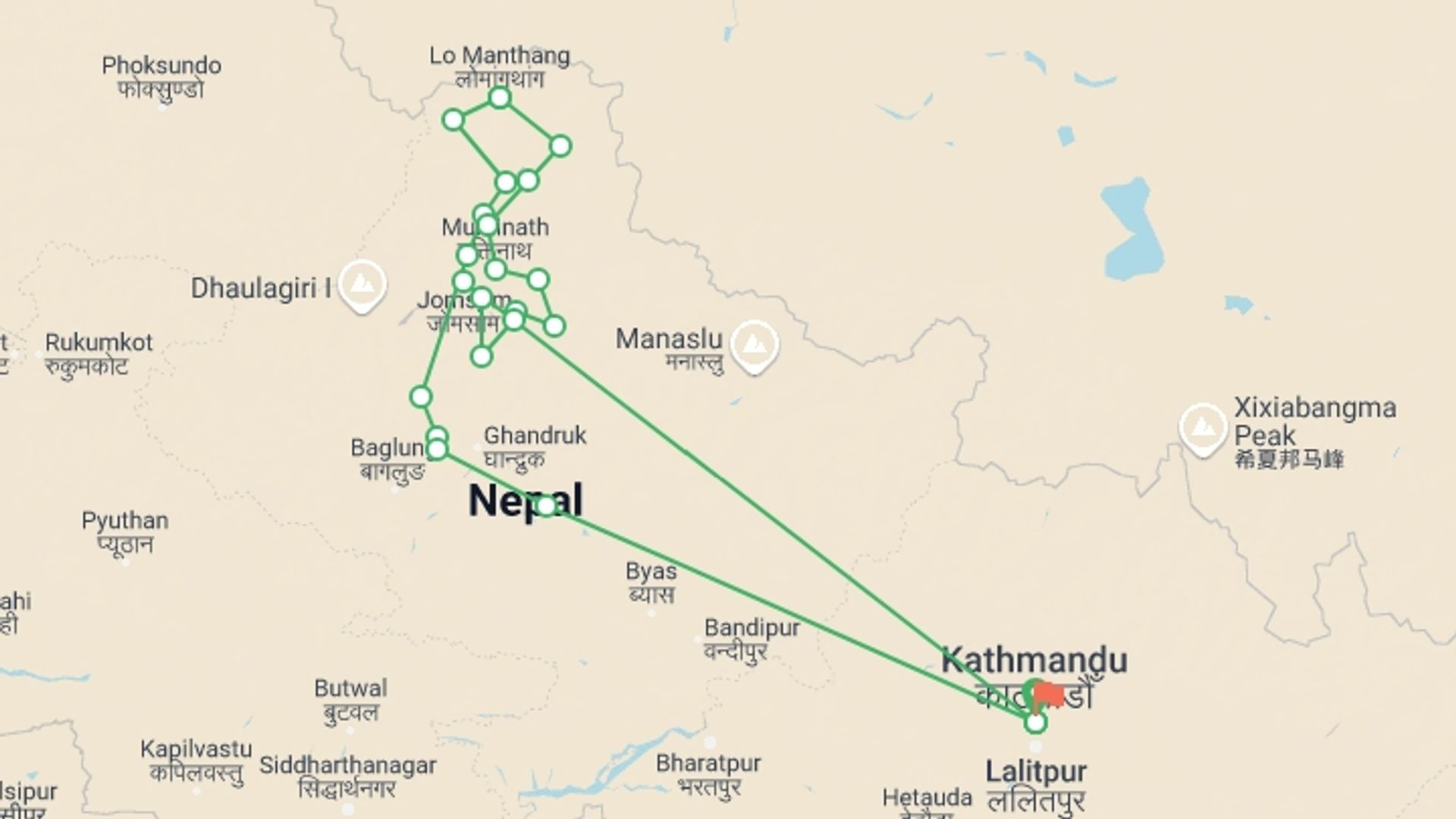 A map showing the tour itinerary for the trip: Mustang and High Passes Trek, starting in Kathmandu, Nepal and ending in Kathmandu, Nepal going through 21 other destinations.