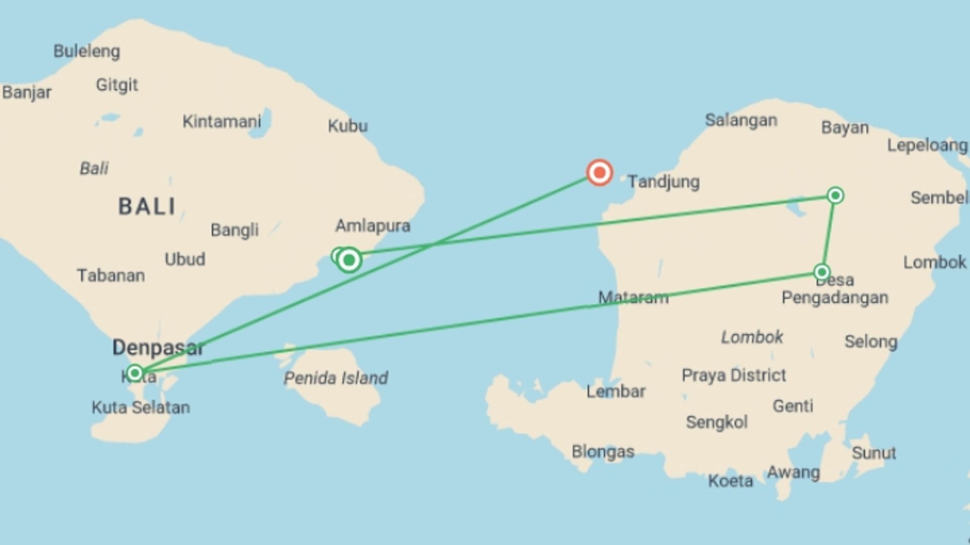 A map showing the tour itinerary for the trip: Indonesia: Candidasa, Mt Rinjani & the Gilis, starting in Candidasa, Indonesia and ending in Gili Trawangan, Indonesia going through 4 other destinations.