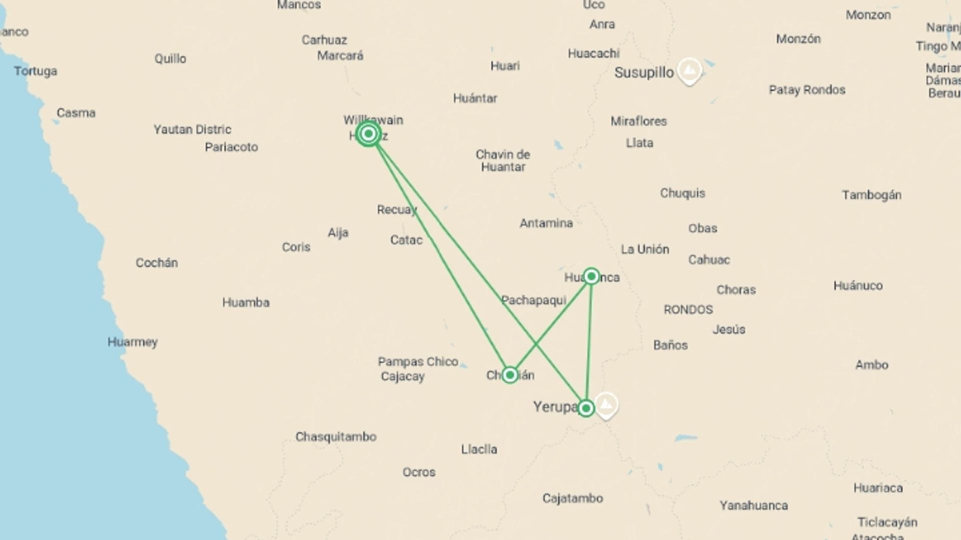 A map showing the tour itinerary for the trip: Huayhuash Express 6D/5N, starting in Huaraz, Peru and ending in Huaraz, Peru going through 2 other destinations.