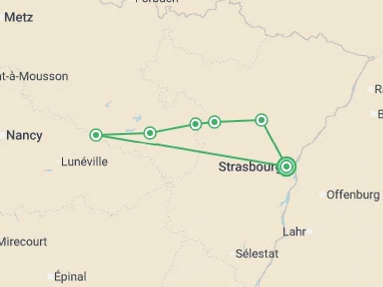 Map itinerary of Europe Tour in Fall with 7 destination visits for the trip: A Charming Cruise through Alsace and Lorraine along the Marne-Rhine Canal (port-to-port cruise)