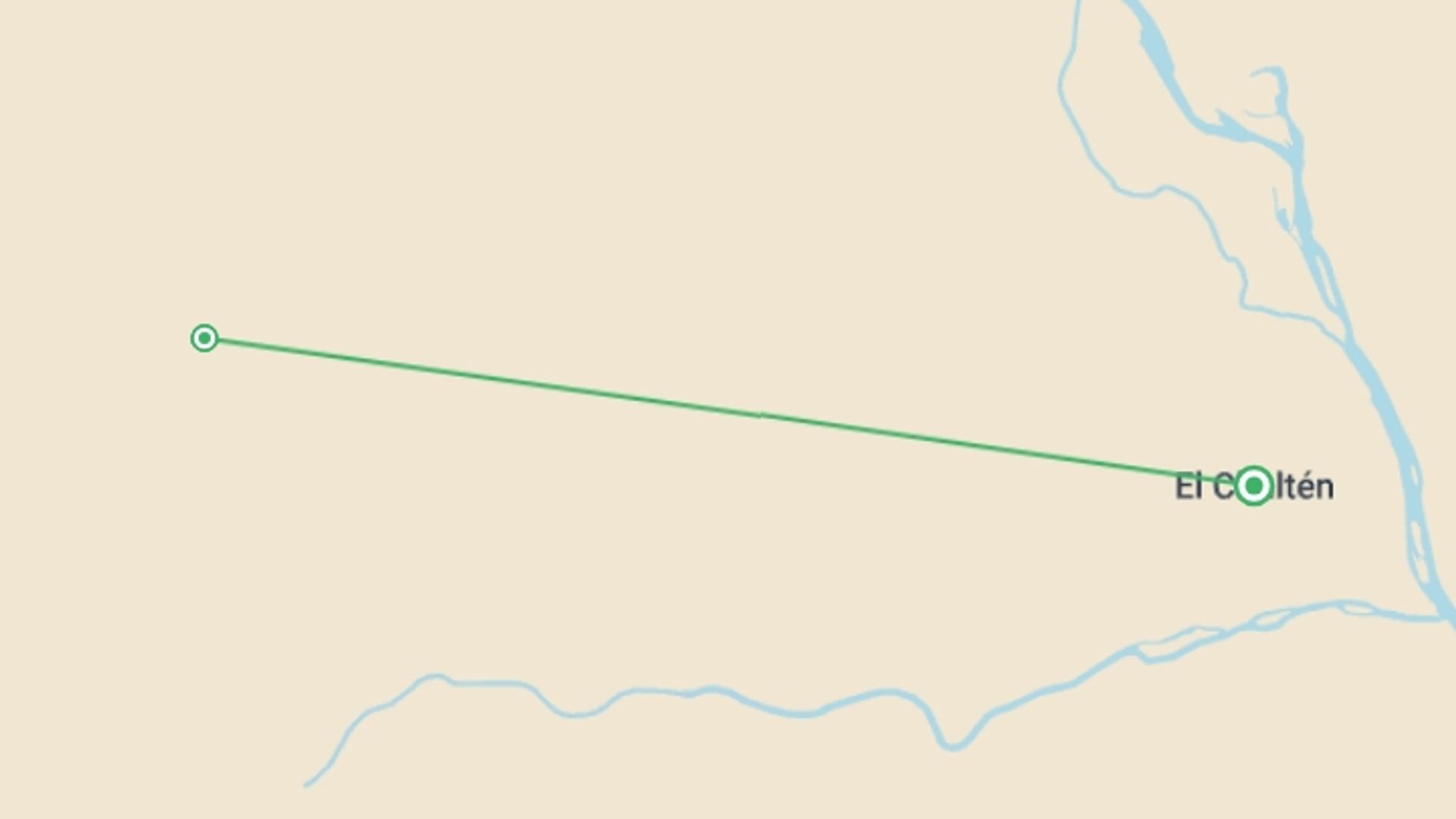 A map showing the tour itinerary for the trip: 4-day El Chaltén, The Heart Of Patagonia, starting in El Chalten, Argentina and ending in El Chalten, Argentina going through 1 other destinations.
