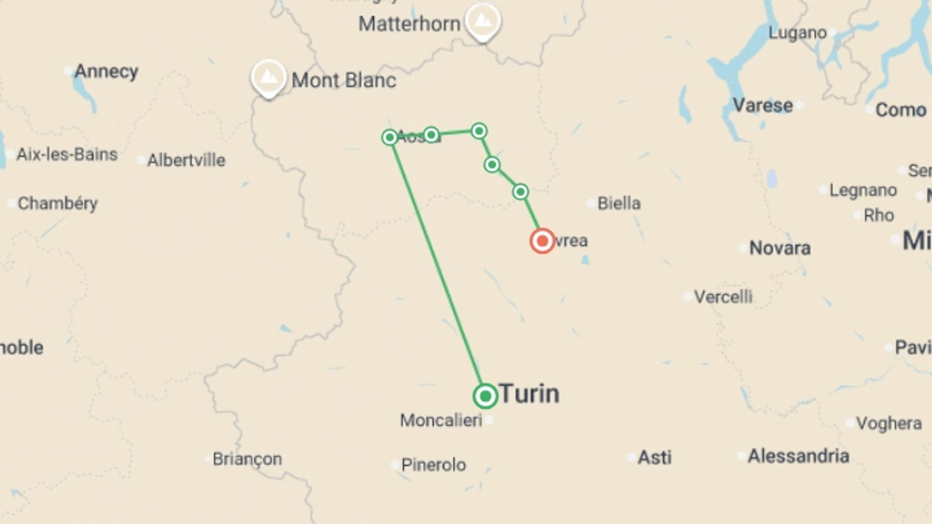 A map showing the tour itinerary for the trip: Via Francigena: Aosta to Ivrea, starting in Turin, Italy and ending in Ivrea, Italy going through 6 other destinations.