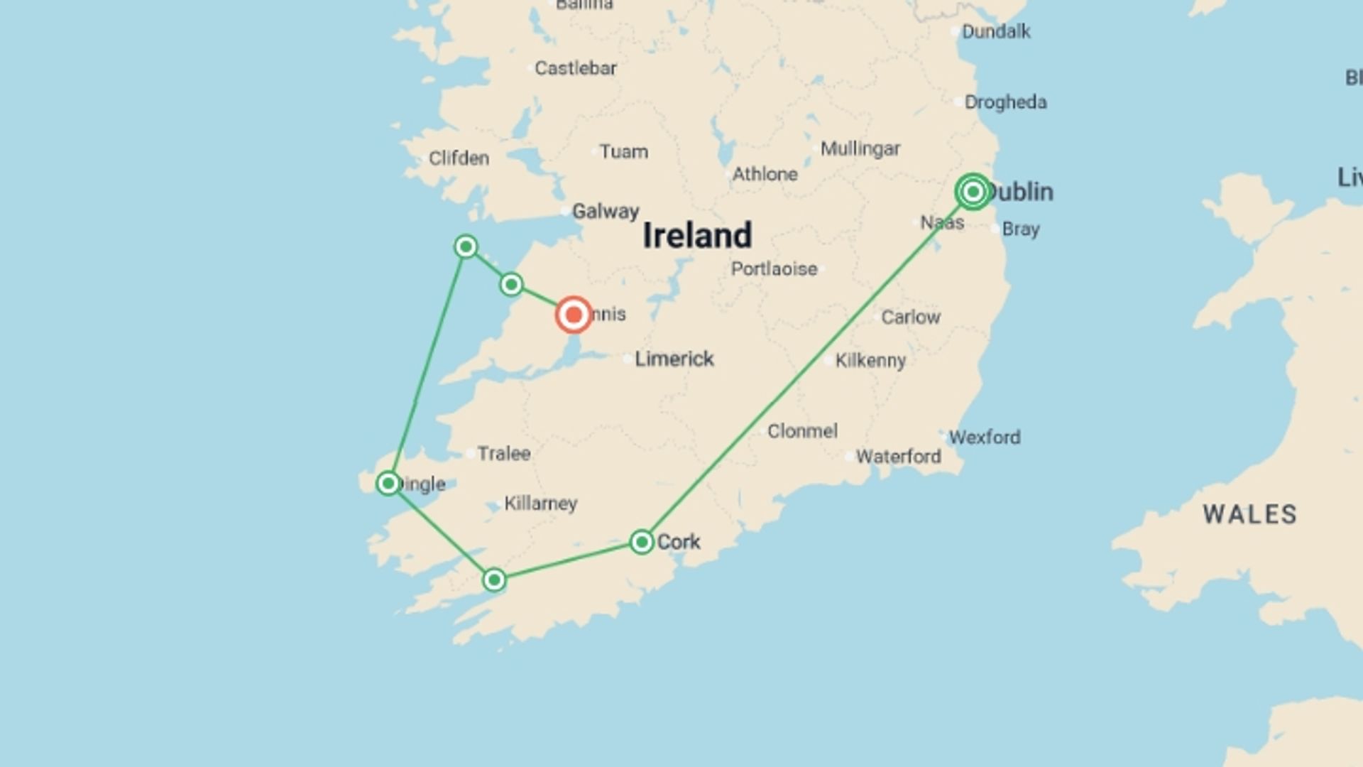 A map showing the tour itinerary for the trip: Countryside of the Emerald Isle , starting in Dublin, Ireland and ending in Ennis, Ireland going through 3 other destinations.