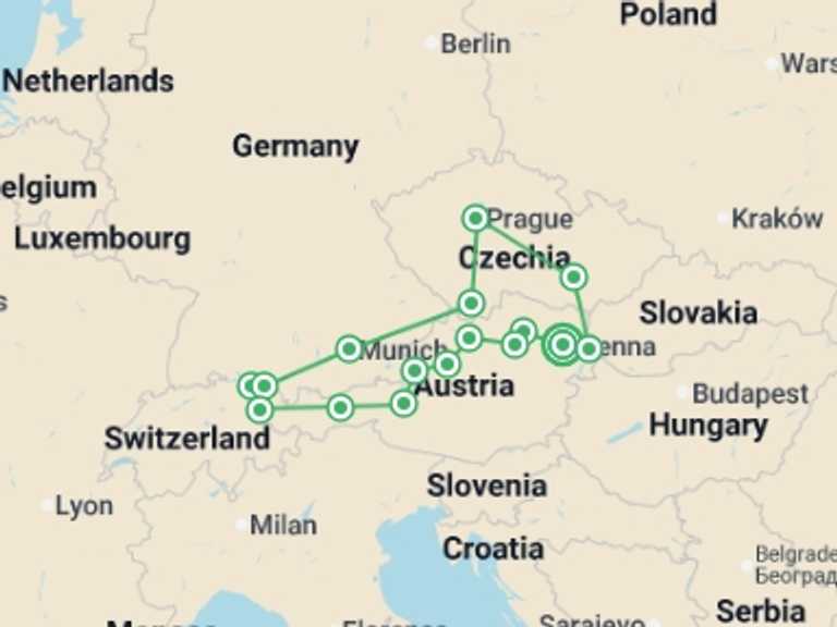 Map itinerary of Europe Tour in July 2026 with 8 destination visits for the trip: Total Austria, Bavaria and Czechia
