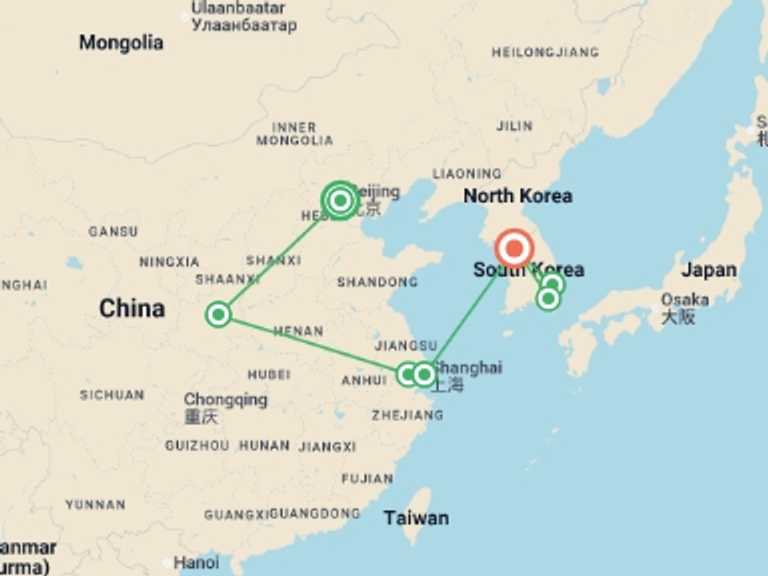 Map itinerary of Shanghai Tour in July 2027 with 7 destination visits for the trip: China and South Korea: East Asia Adventure