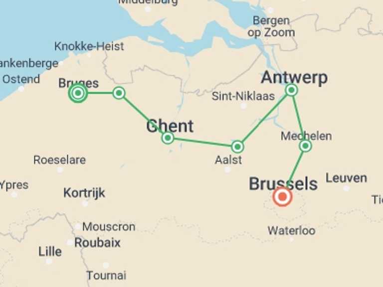 Map of Bruges Bicycle Tour with 7 destination visits for the trip: Belgium Cycle - Bruges to Brussels