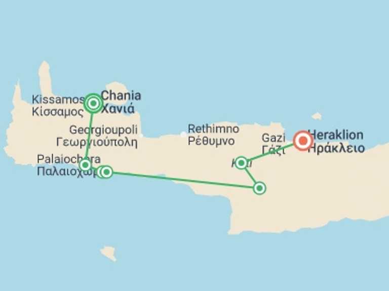 Map of 8-Day Balkans Tour with 7 destination visits for the trip: Walking in Crete