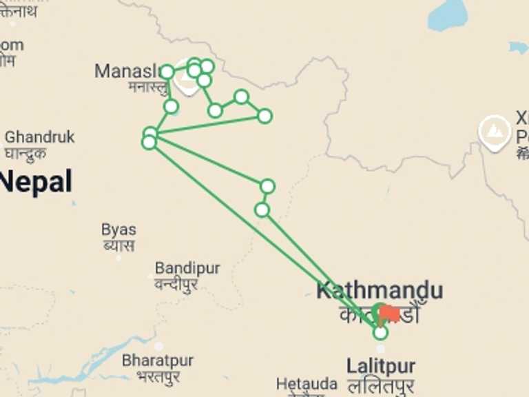 Map of 14-Day Kathmandu Tour with 15 destination visits for the trip: Manaslu Circuit  Trek 