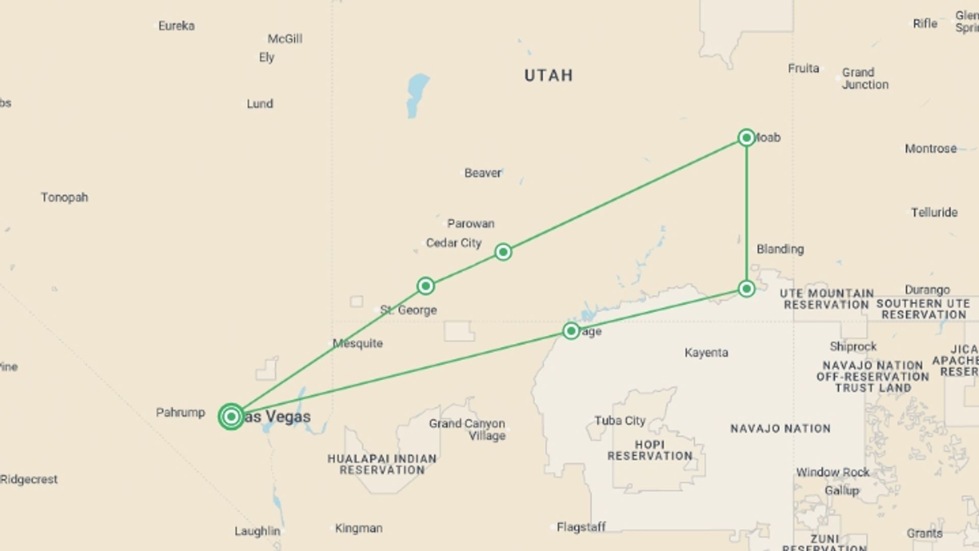 A map showing the tour itinerary for the trip: Hiking Utah's National Parks, starting in Las Vegas, USA and ending in Las Vegas, USA going through 5 other destinations.