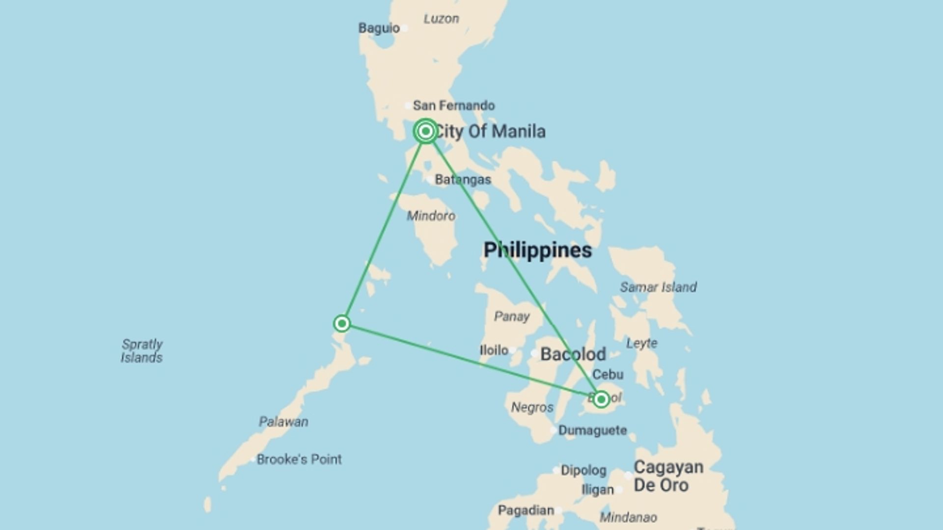 A map showing the tour itinerary for the trip: Manila, Bohol & El Nido (4 Star) - 8 days, starting in Manila, Philippines and ending in Manila, Philippines going through 2 other destinations.