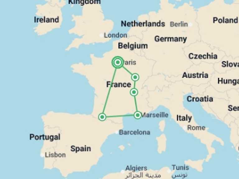 Map itinerary of France Tour in August 2026 with 5 destination visits for the trip: Romantic France