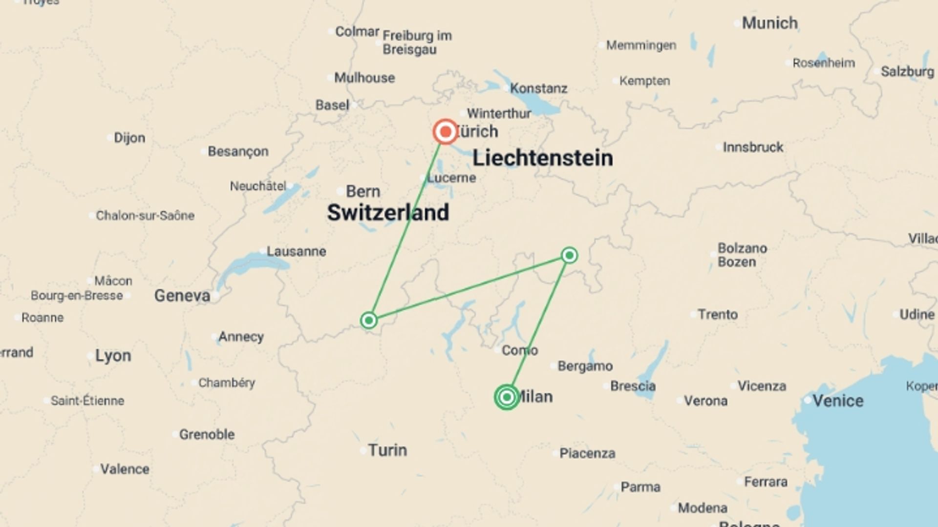 A map showing the tour itinerary for the trip: The Signature Swiss Alps Journey, starting in Milan, Italy and ending in Zurich, Switzerland going through 2 other destinations.