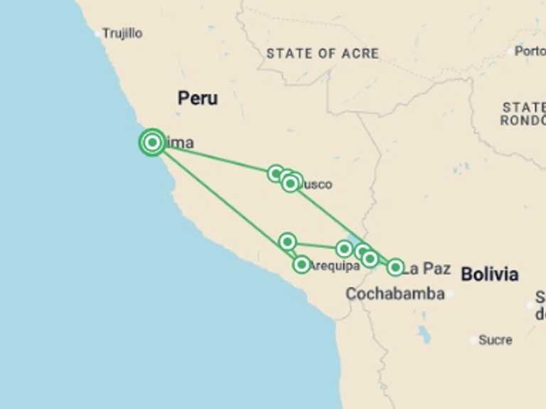 Map of Sacred Valley Cultural, religious and historic sites Tour with 9 destination visits for the trip: Peru Encompassed - 20 days