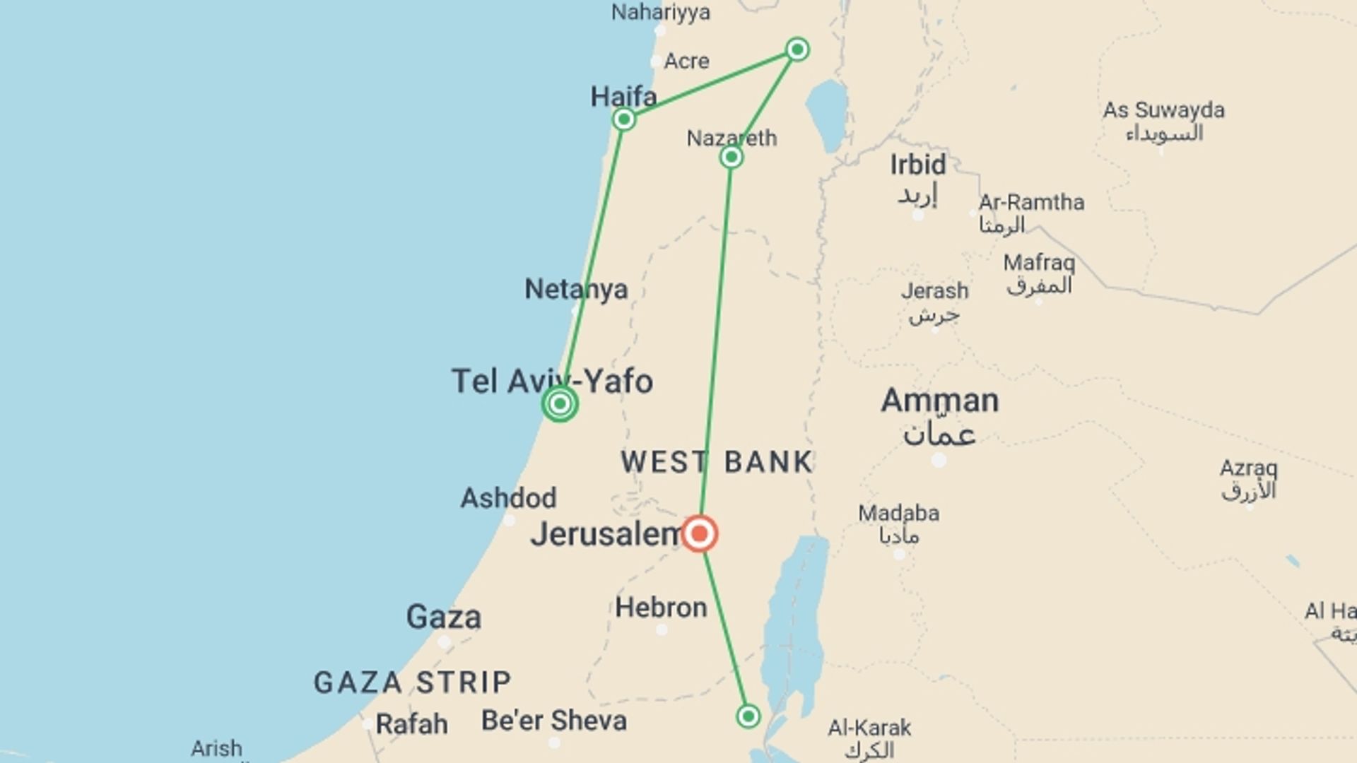 A map showing the tour itinerary for the trip: Classic Israel, starting in Tel Aviv, Israel and ending in Jerusalem, Israel going through 4 other destinations.