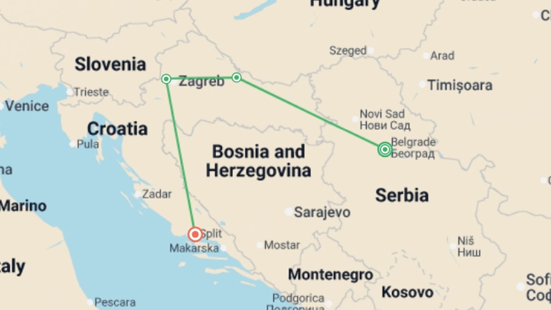A map showing the tour itinerary for the trip: Danube to Dalmatia- 5 days, starting in Belgrade, Serbia and ending in Split, Croatia going through 2 other destinations.