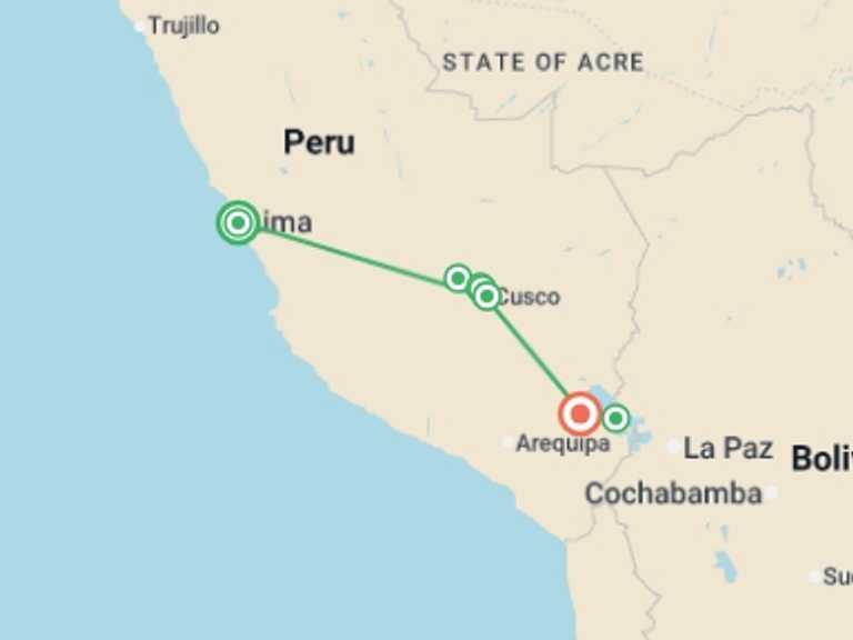 Map of Peru Tour with 5 destination visits for the trip: Andean World