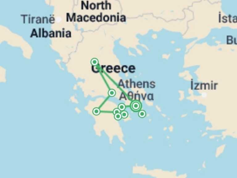 Map of 5-Day Athens Tour with 4 destination visits for the trip: Classical Tour Greece Nafplion, Olympia, Delphi, Meteora - Private Tour