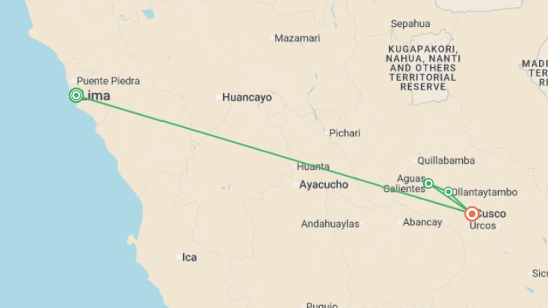 A map showing the tour itinerary for the trip: Inca Trail Express from Lima, starting in Lima, Peru and ending in Cusco, Peru going through 4 other destinations.