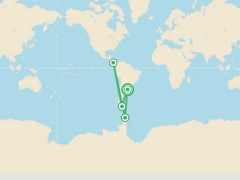 Map itinerary of South America Tour in January 2027 with 4 destination visits for the trip: Antarctic Peninsula: Crossing the Circle