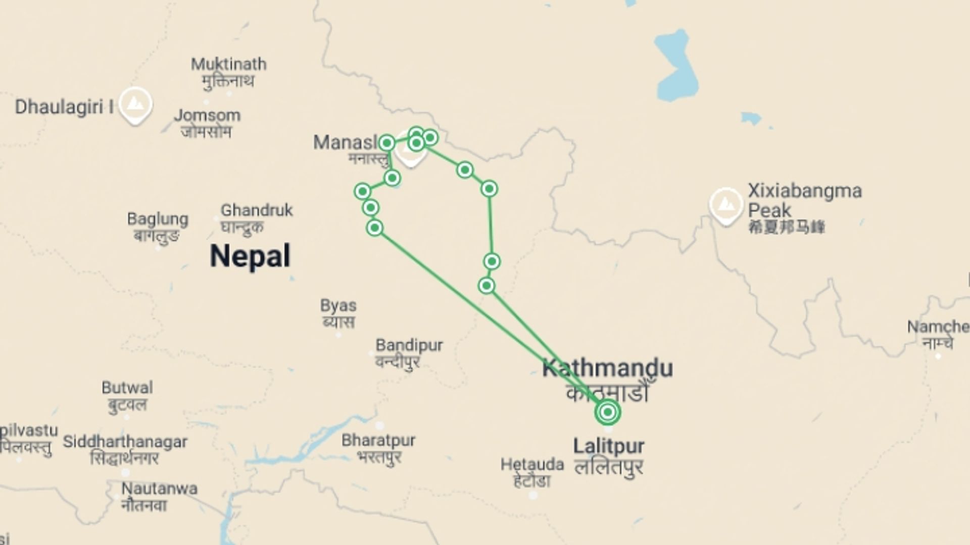 A map showing the tour itinerary for the trip: Manaslu Circuit Trek-14 days, starting in Kathmandu, Nepal and ending in Kathmandu, Nepal going through 13 other destinations.