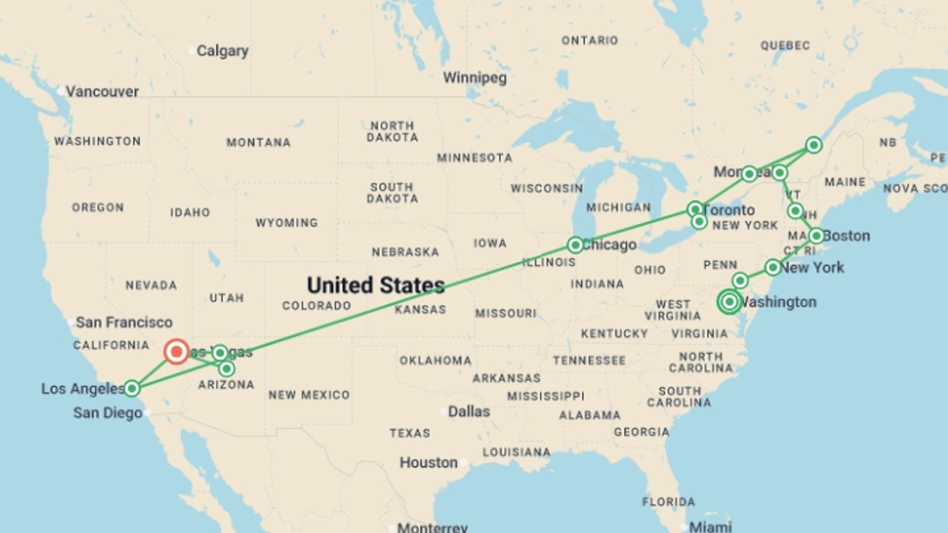 A map showing the tour itinerary for the trip: From Washington to Las Vegas, starting in Washington D.C., USA and ending in Las Vegas, USA going through 11 other destinations.