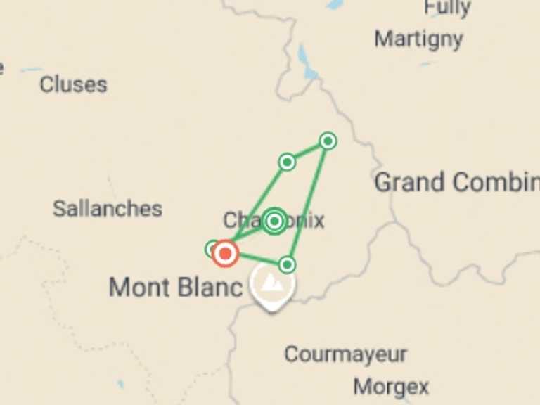 Map itinerary of Europe Tour in June 2026 with 7 destination visits for the trip: Highlights of Mont Blanc