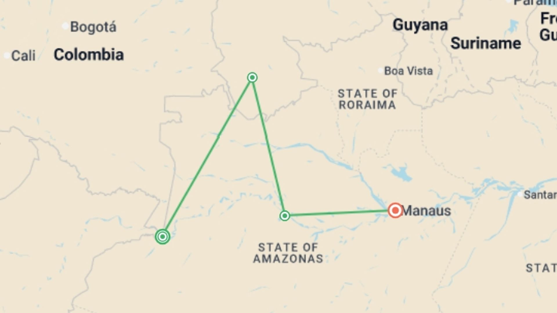 A map showing the tour itinerary for the trip: Cruise into the Heart of Primal Amazonia - An exploration at the edge of the jungle, between Brazil and Colombia (port-to-port cruise), starting in undefined, undefined and ending in Manaus, Brazil going through 2 other destinations.