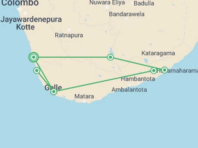 Map of Sri Lanka Tour with 3 destination visits for the trip: Yala & Galle 3 Days, Private Tour