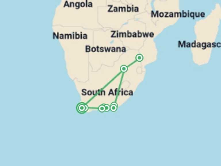 Map of South Africa Tour with 9 destination visits for the trip: Ultimate South Africa