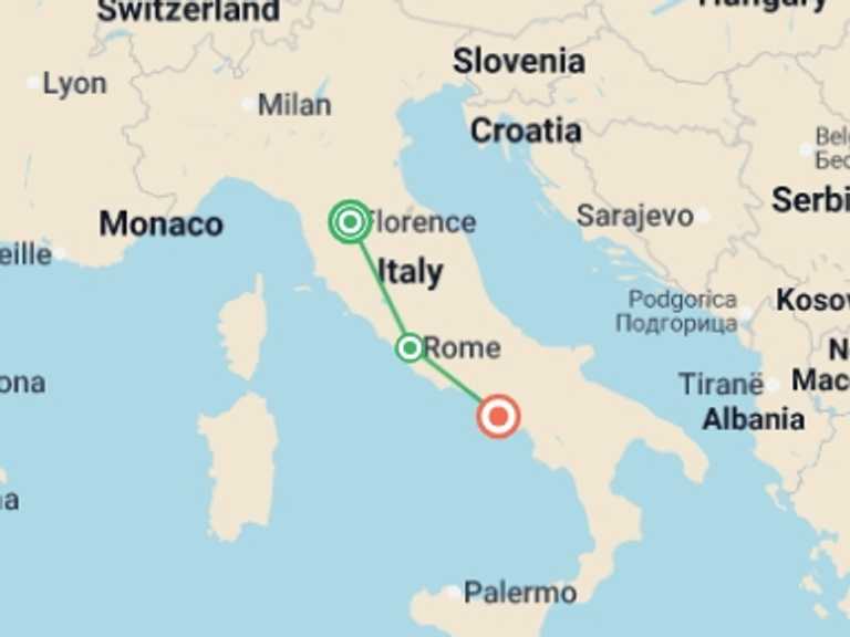 Map of Italy Tour with 3 destination visits for the trip: In The Footsteps Of Caravaggio: 6 Days From Florence To Naples, Private Tour