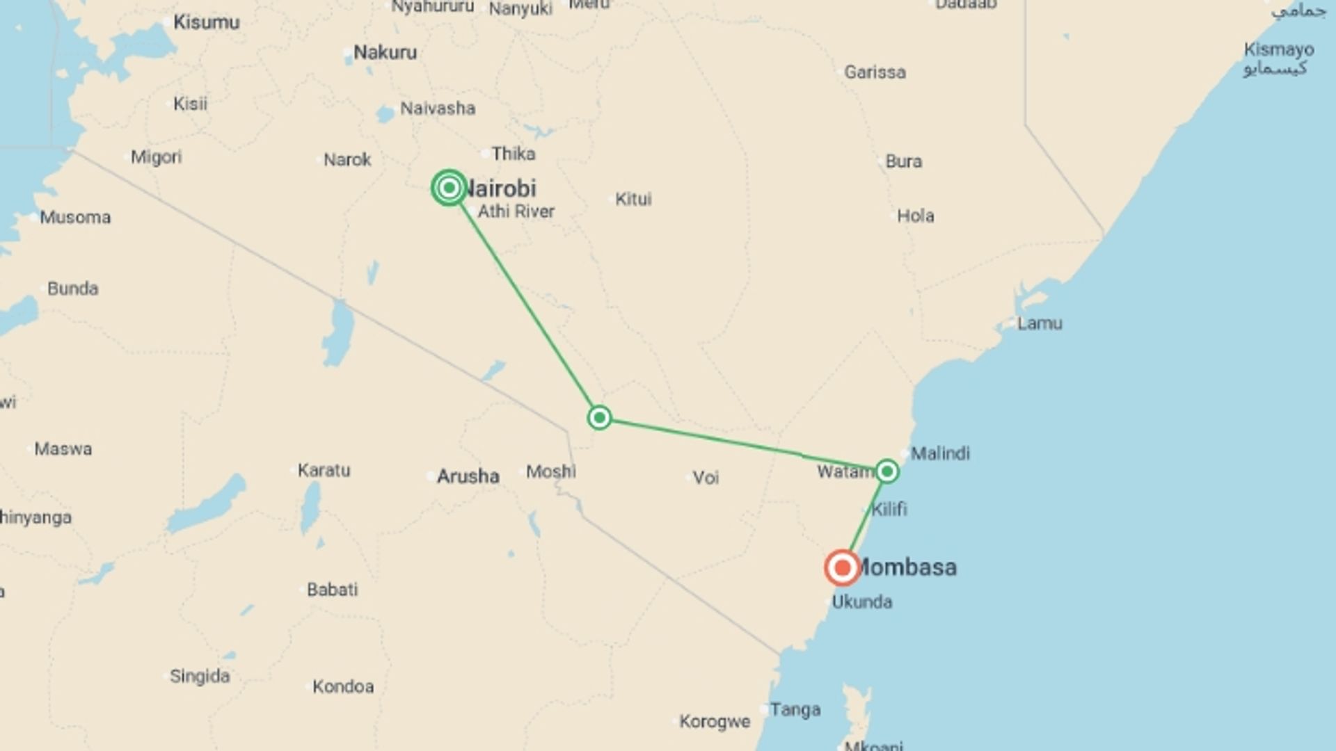A map showing the tour itinerary for the trip: Wildlife & Coastal Wonders of Kenya: Tsavo to Watamu, starting in Nairobi, Kenya and ending in Mombasa, Kenya going through 2 other destinations.