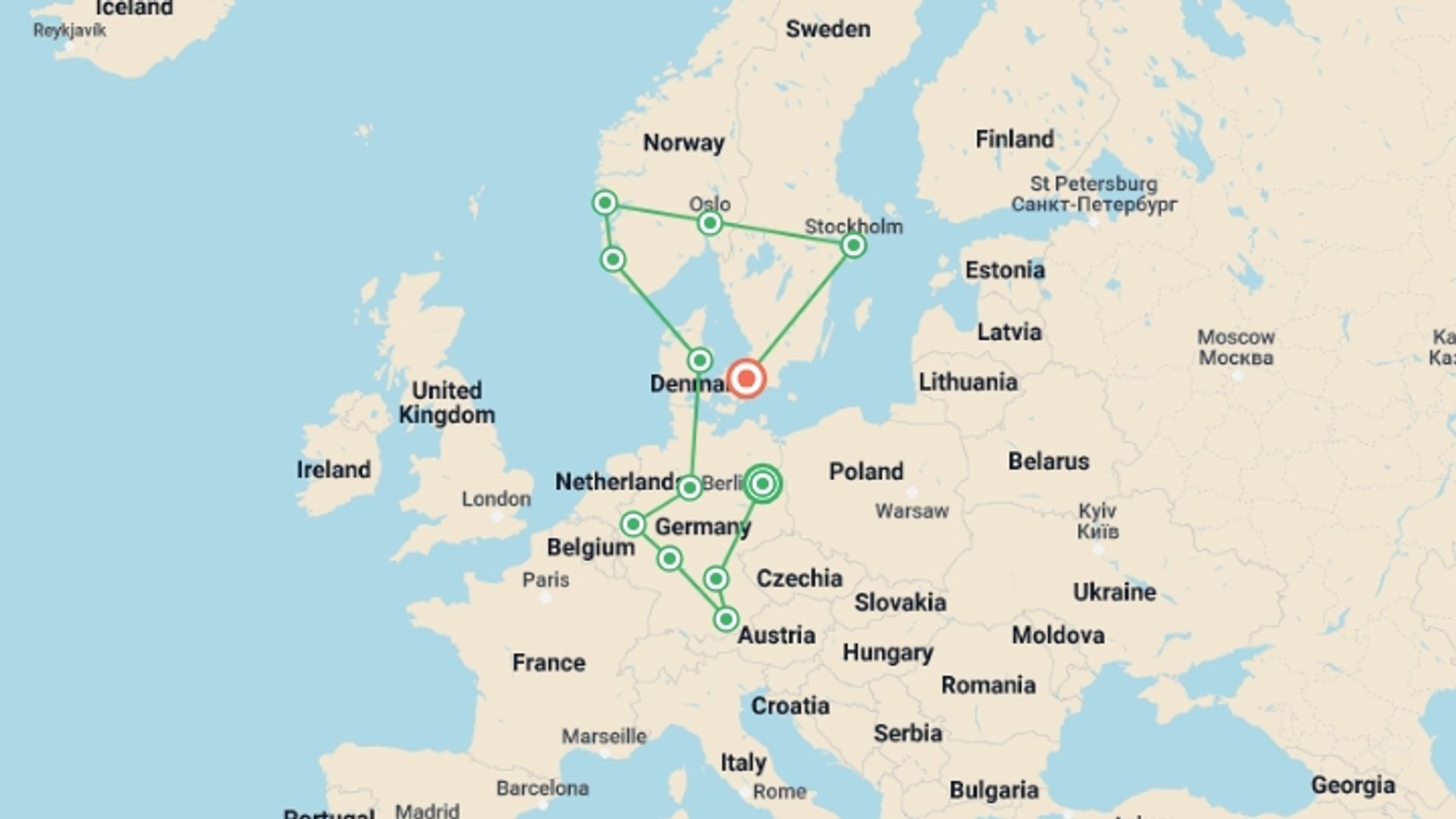 A map showing the tour itinerary for the trip: Treasures of Germany and Scandinavia, starting in Berlin, Germany and ending in Copenhagen, Denmark going through 10 other destinations.