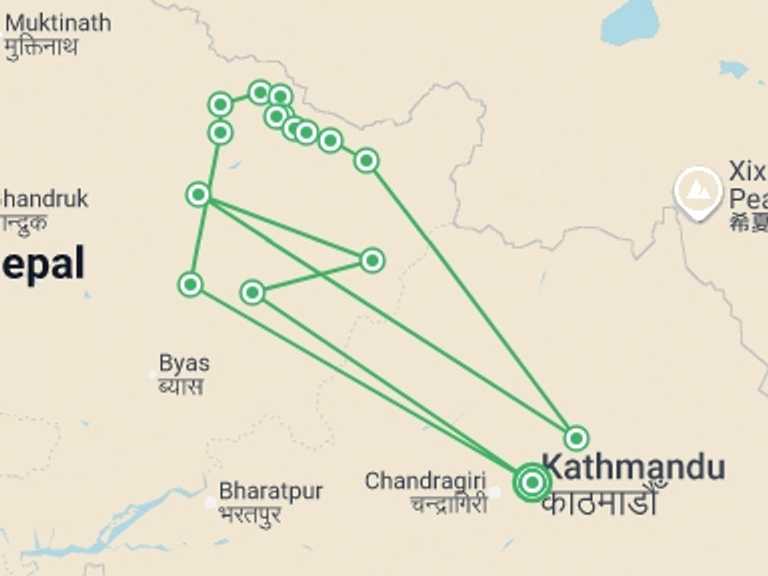 Map of Nepal Tour with 17 destination visits for the trip: Manaslu Circuit & Base Camp Trek