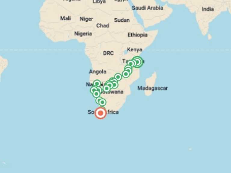 Map of Windhoek Wildlife Tour with 26 destination visits for the trip: 34-day Zanzibar to Cape Town Accommodated