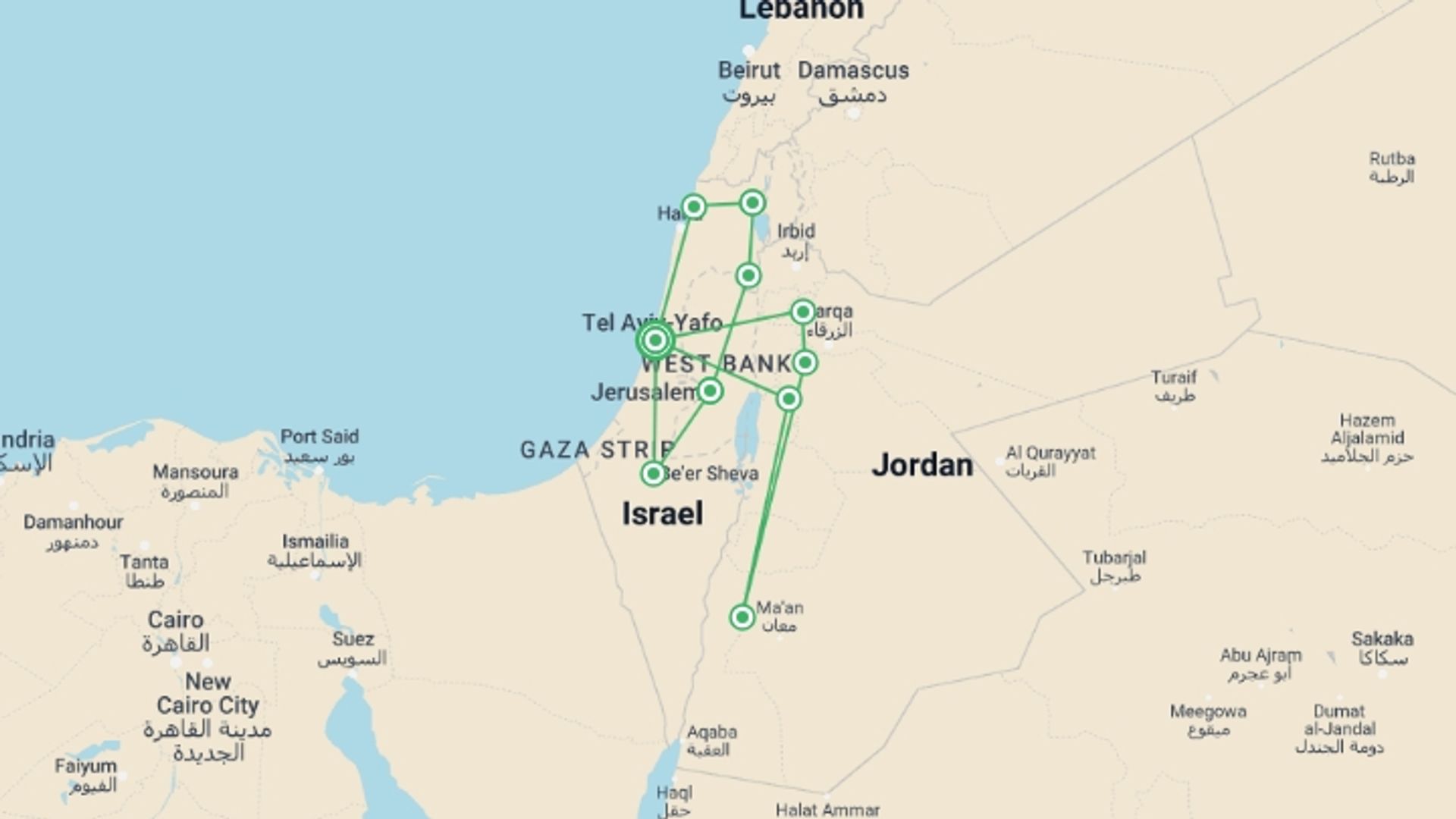 A map showing the tour itinerary for the trip: 11 Days Highlights Of Israel And Jordan (multi Country), starting in Tel Aviv, Israel and ending in Tel Aviv, Israel going through 4 other destinations.