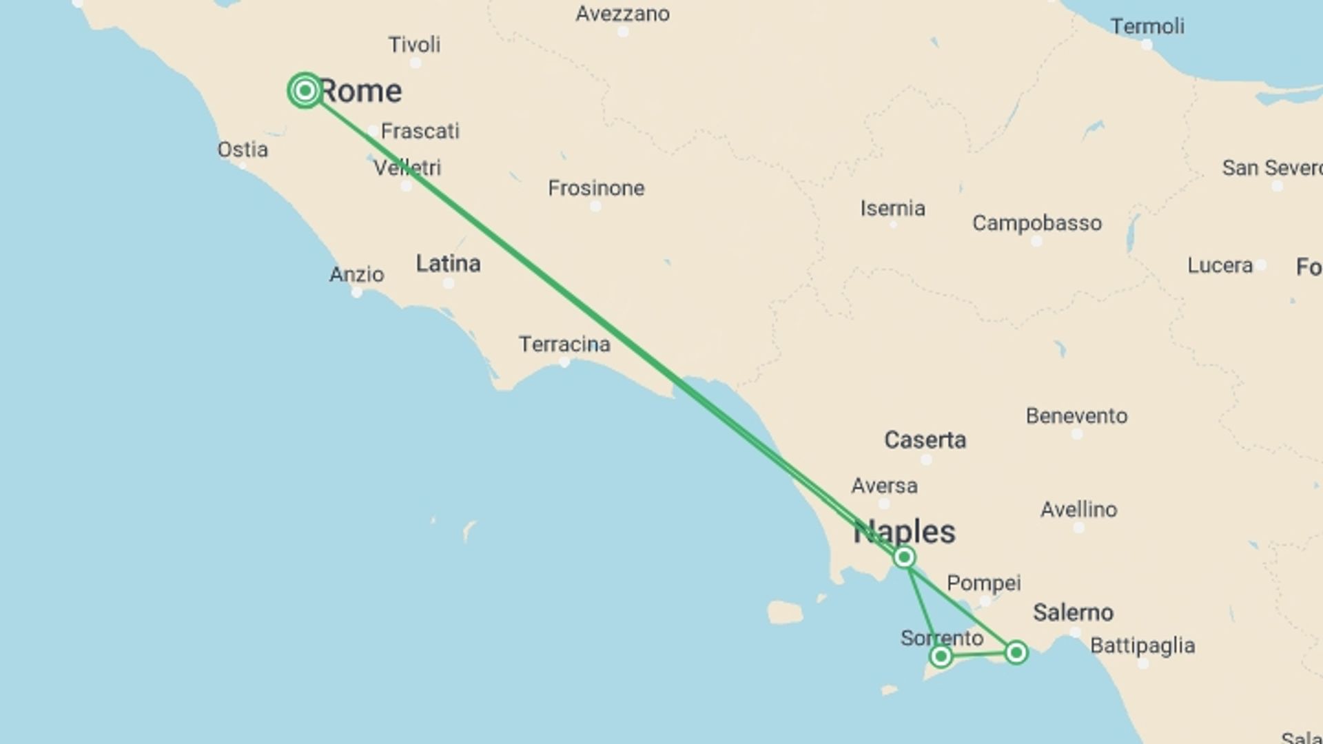 A map showing the tour itinerary for the trip: Treasures of Naples & the Amalfi Coast, starting in Rome, Italy and ending in Rome, Italy going through 4 other destinations.